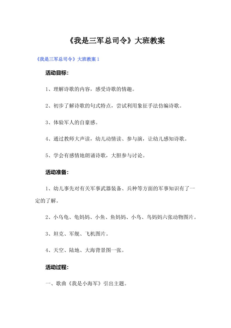 《我是三军总司令》大班教案