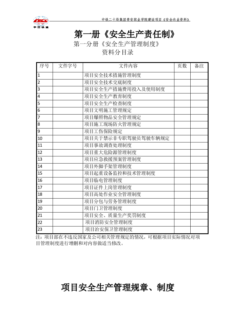 项目安全生产管理规章、制度