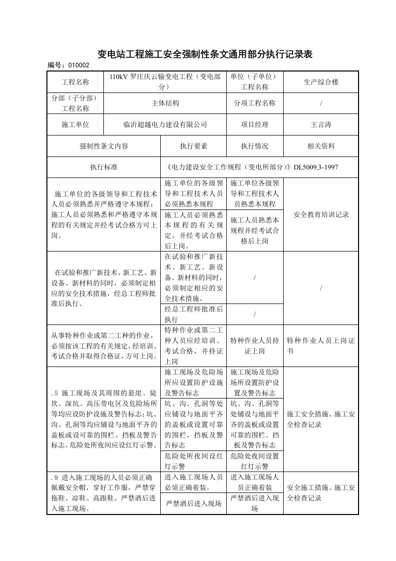 变电站工程施工安全强制性条文执行记录表