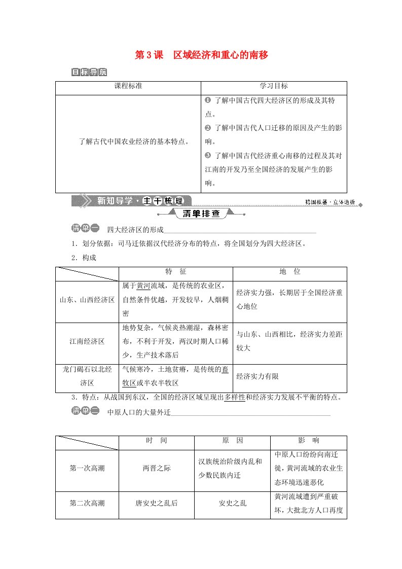 高中历史第1单元中国古代的农耕经济第3课区域经济和重心的南移学案岳麓版必修2