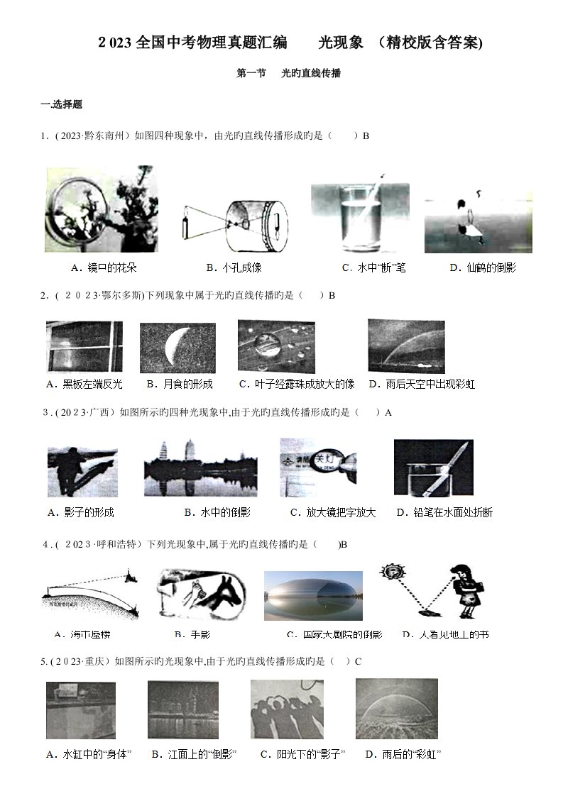 2023年中考物理真题汇编光现象精校版