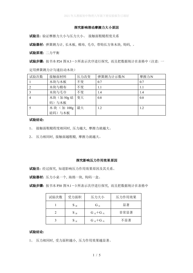 2022年人教版初中物理八年级下册实验报告已填好