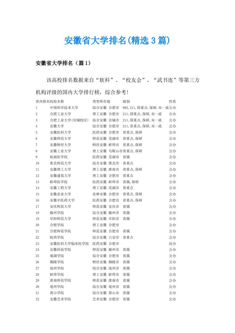 安徽省大学排名(精选3篇)