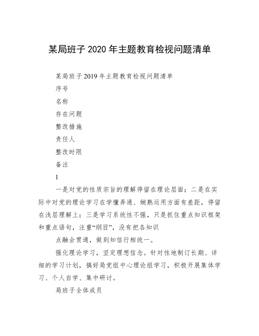 某局班子2020年主题教育检视问题清单