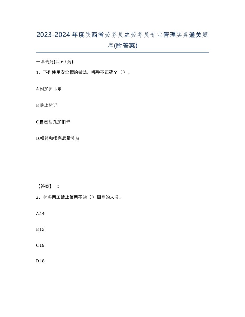 2023-2024年度陕西省劳务员之劳务员专业管理实务通关题库附答案