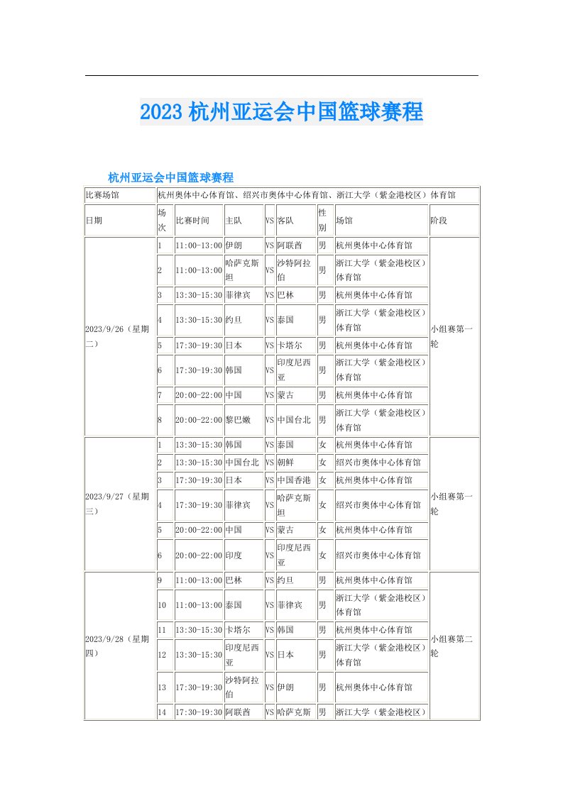 杭州亚运会中国篮球赛程