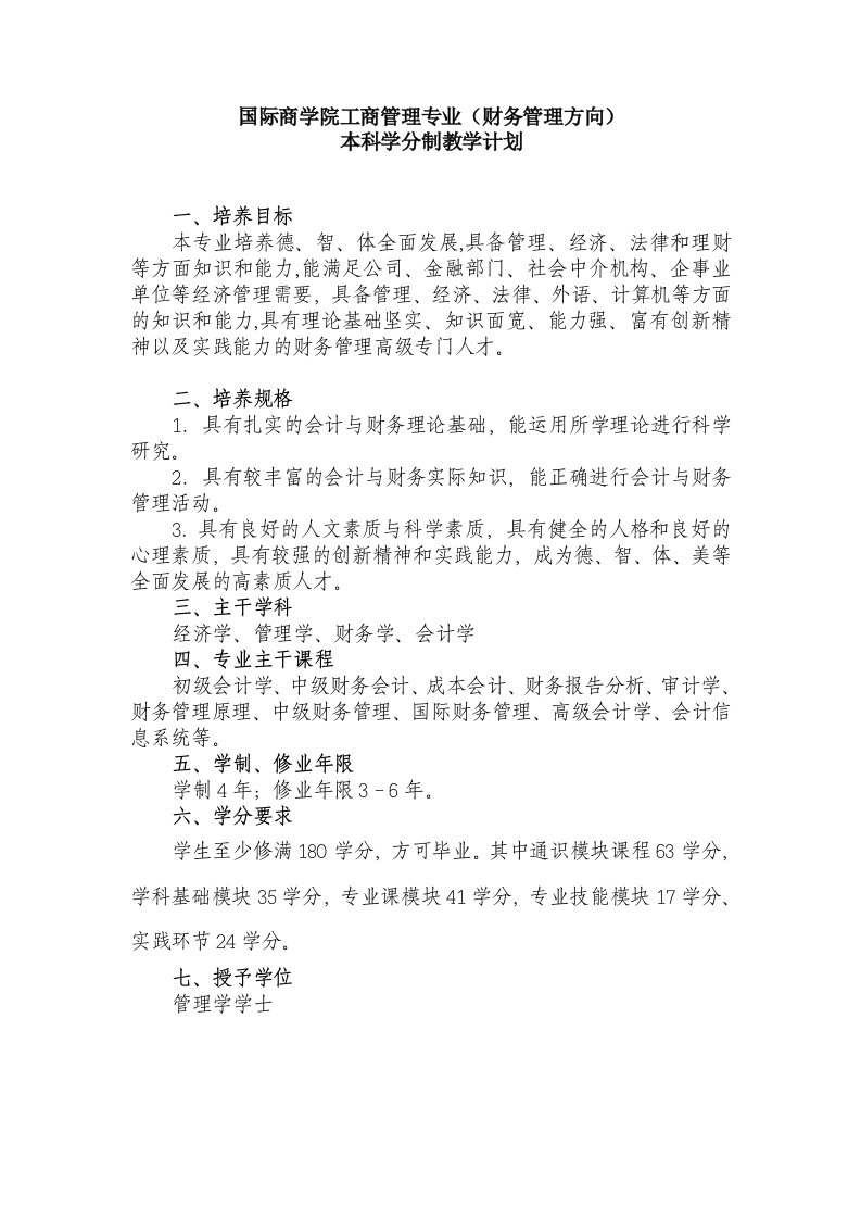 国际商学院工商管理专业(财务管理方向)