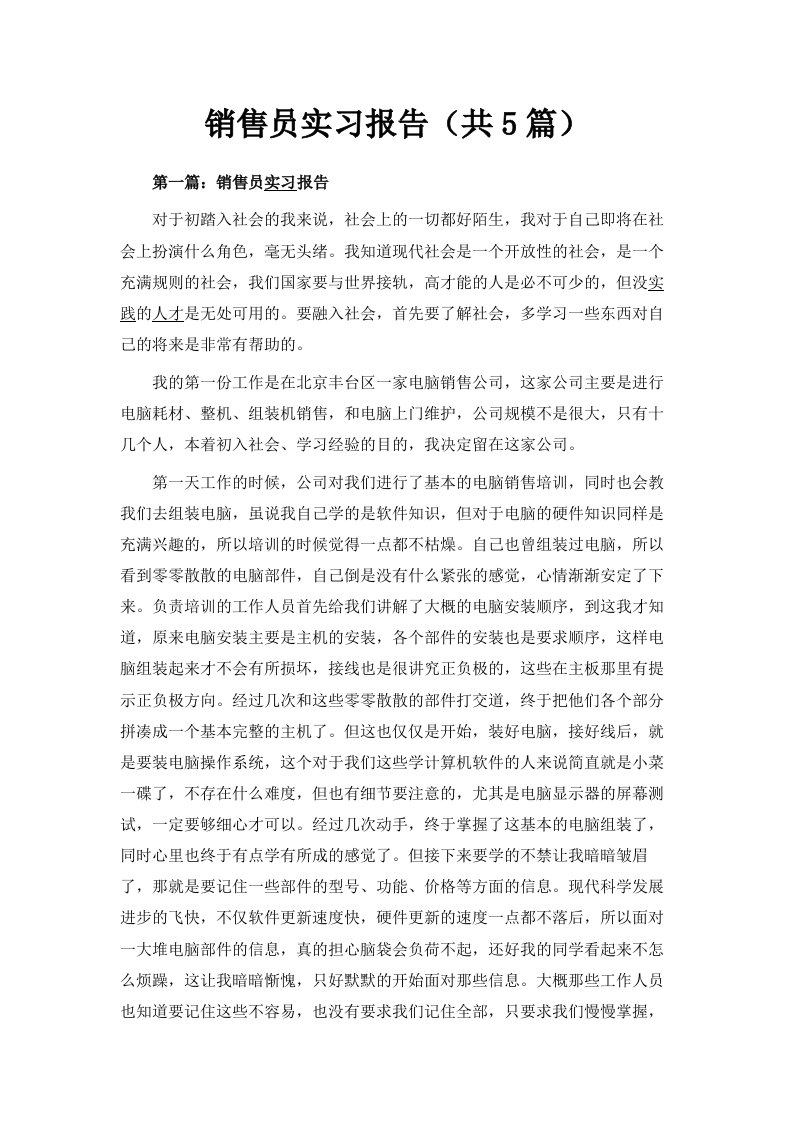 销售员实习报告共5篇