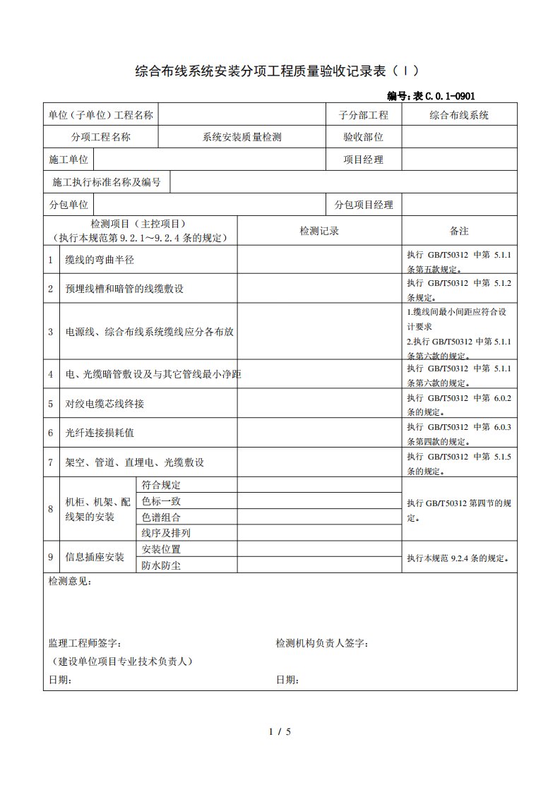 综合布线系统安装分项工程质量验收记录表