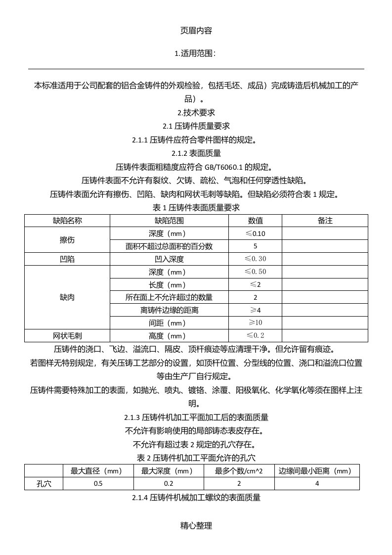 压铸件毛坯质量检验标准