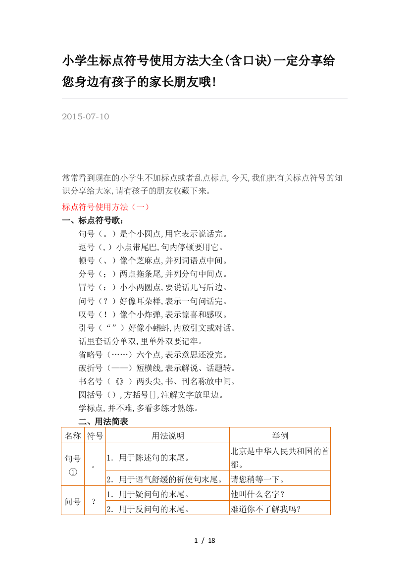 小学生标点符号使用方法大全(含口诀)一定分享给您身边有孩子的家长朋友哦!