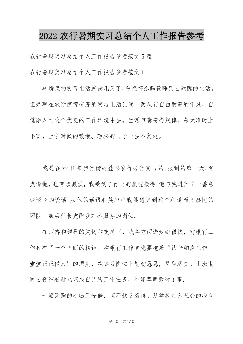 2022农行暑期实习总结个人工作报告参考