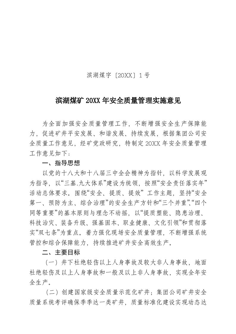 冶金行业-1号文滨湖煤矿X年安全质量管理实施意见