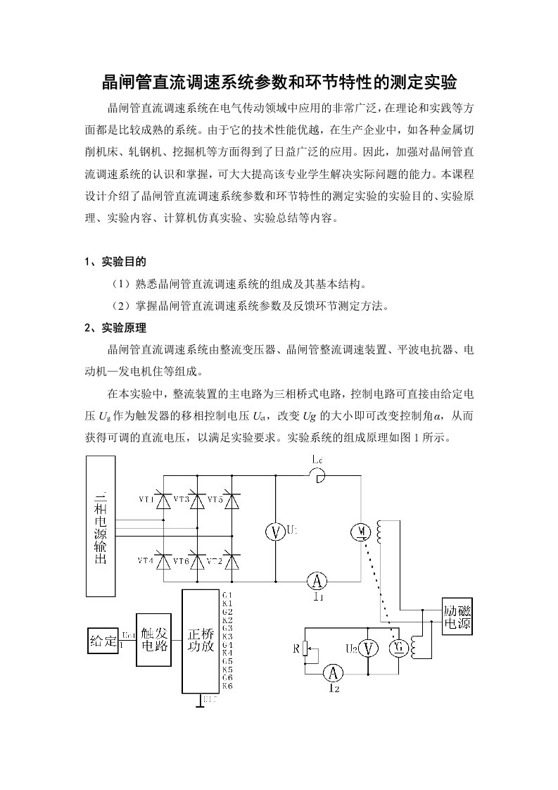 功率电子课程设计-晶闸管直流调速系统参数和环节特性的测定实验