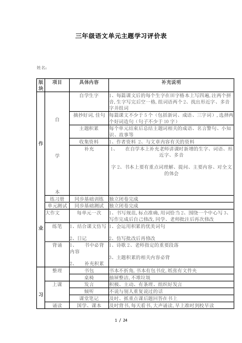 三年级语文单元主题学习评价表