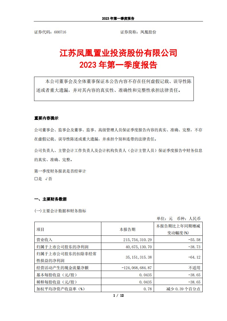 上交所-凤凰股份2023年第一季度报告-20230427