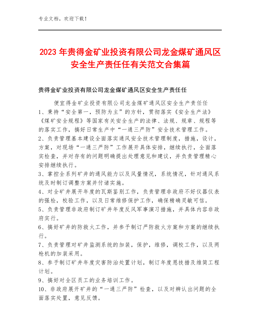 2023年贵得金矿业投资有限公司龙金煤矿通风区安全生产责任任范文合集篇