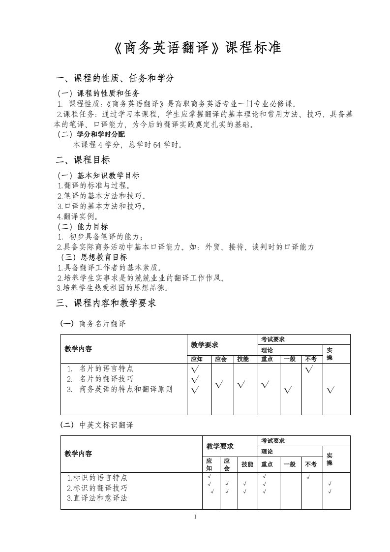 《商务英语翻译》课程标准