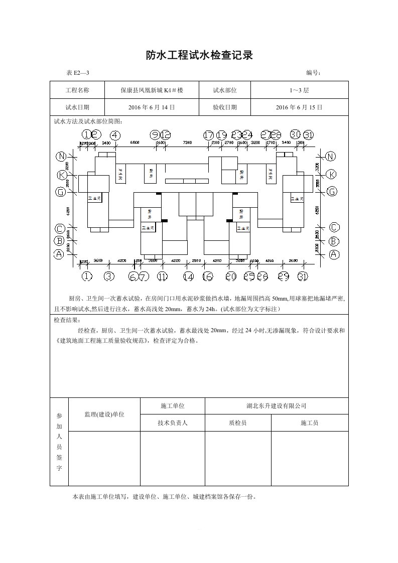 防水工程试水检查记录