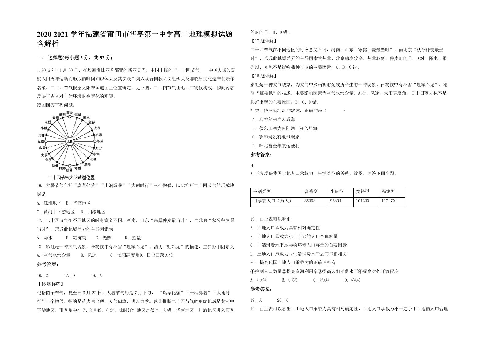 2020-2021学年福建省莆田市华亭第一中学高二地理模拟试题含解析