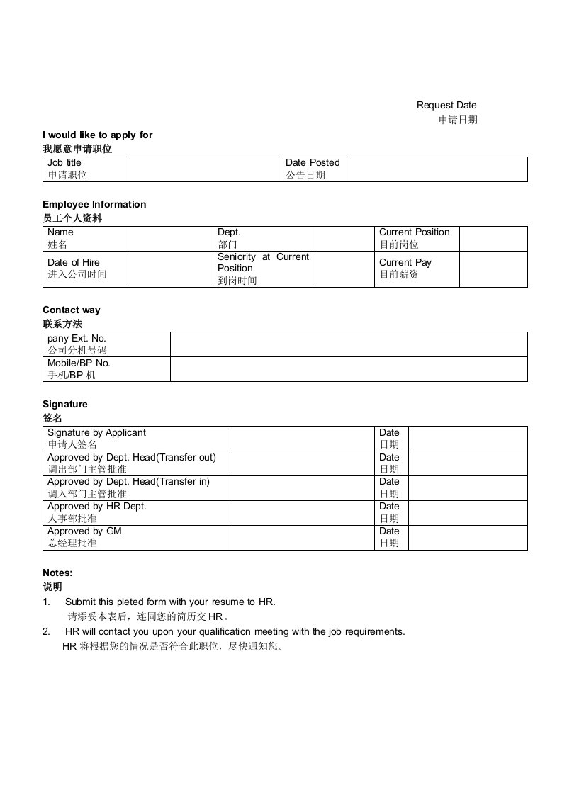 表格模板-某外资企业内部职位申请表