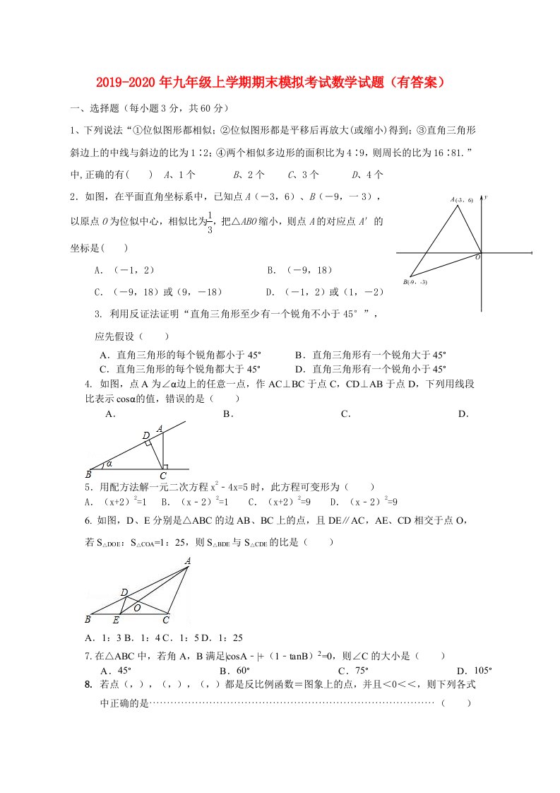 2019-2020年九年级上学期期末模拟考试数学试题（有答案）