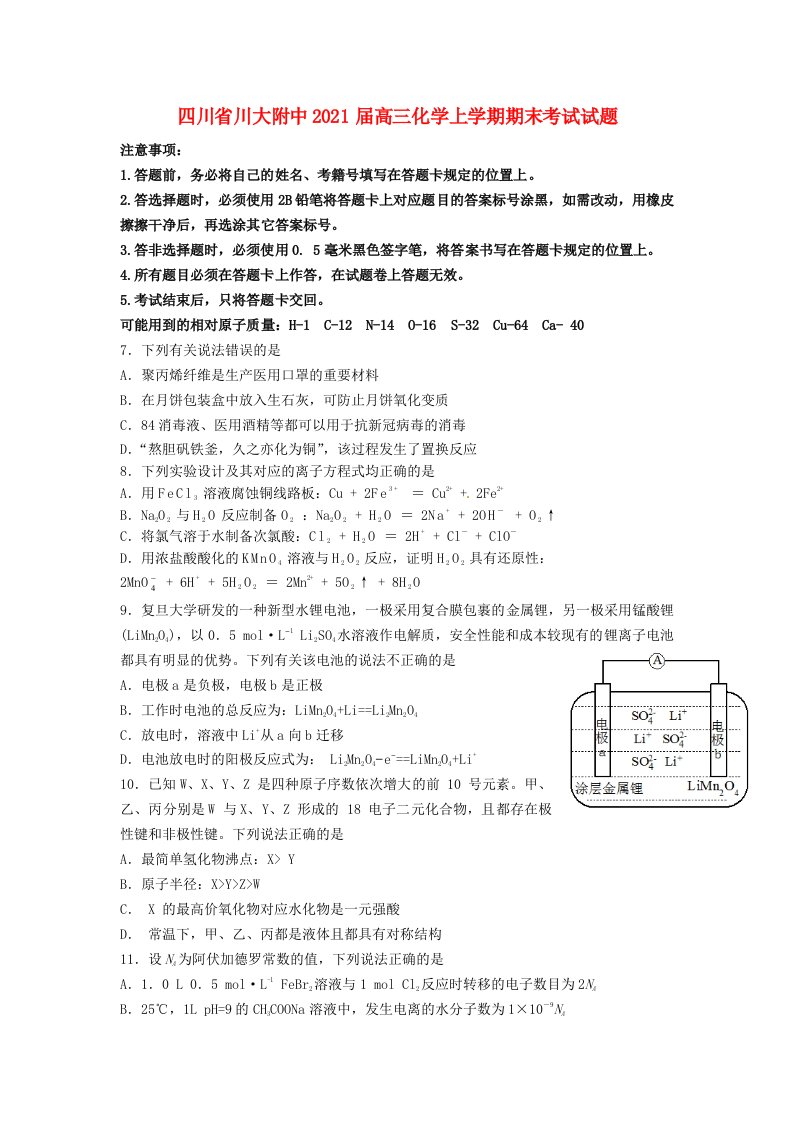 四川省川大附中2021届高三化学上学期期末考试试题