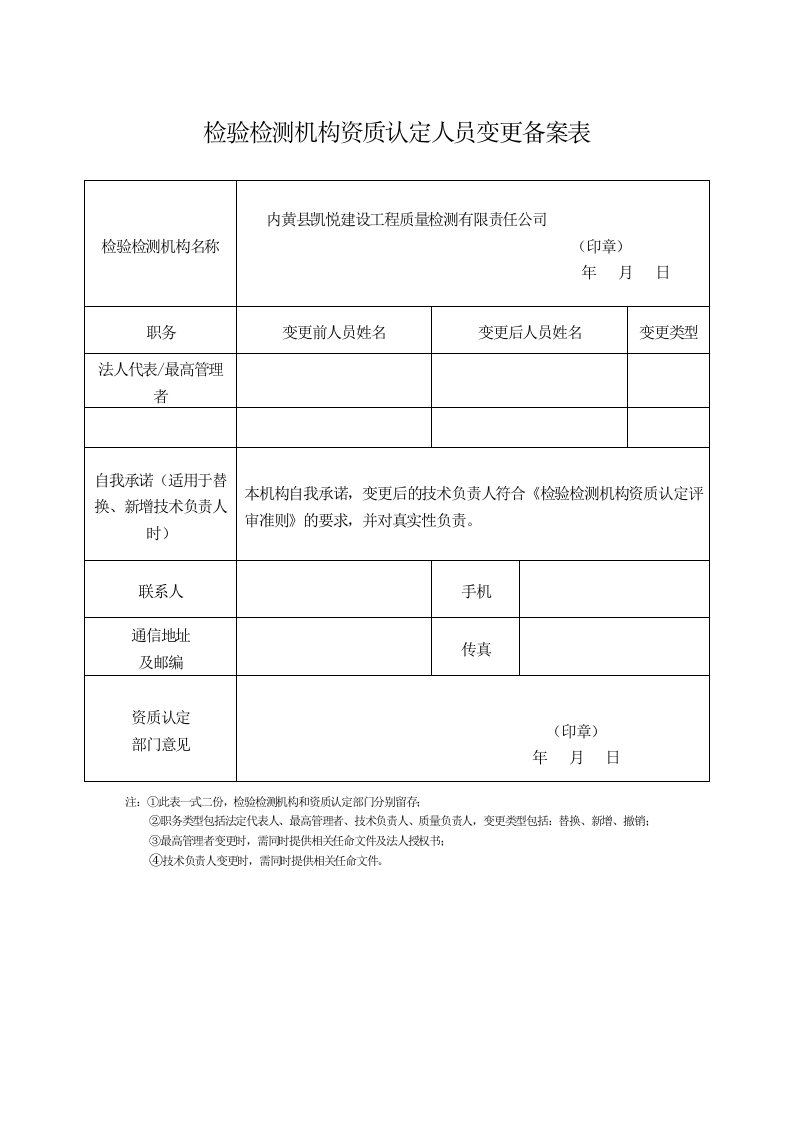 检验检测机构资质认定人员变更备案表