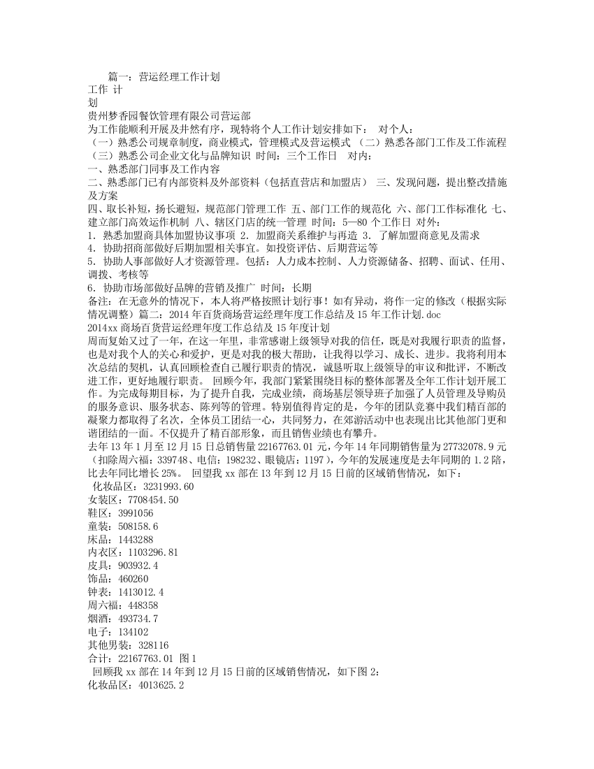 运营经理工作计划