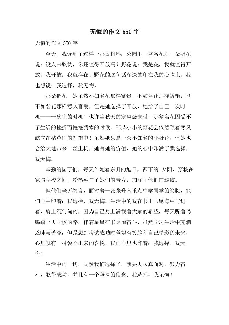 无悔的作文550字