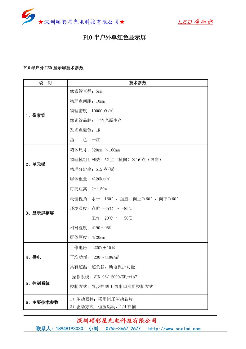 P10单色LED显示屏参数