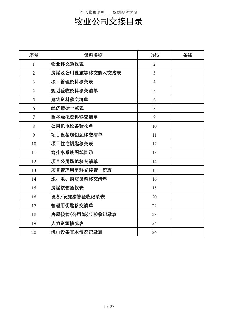 物业管理工作交接表格