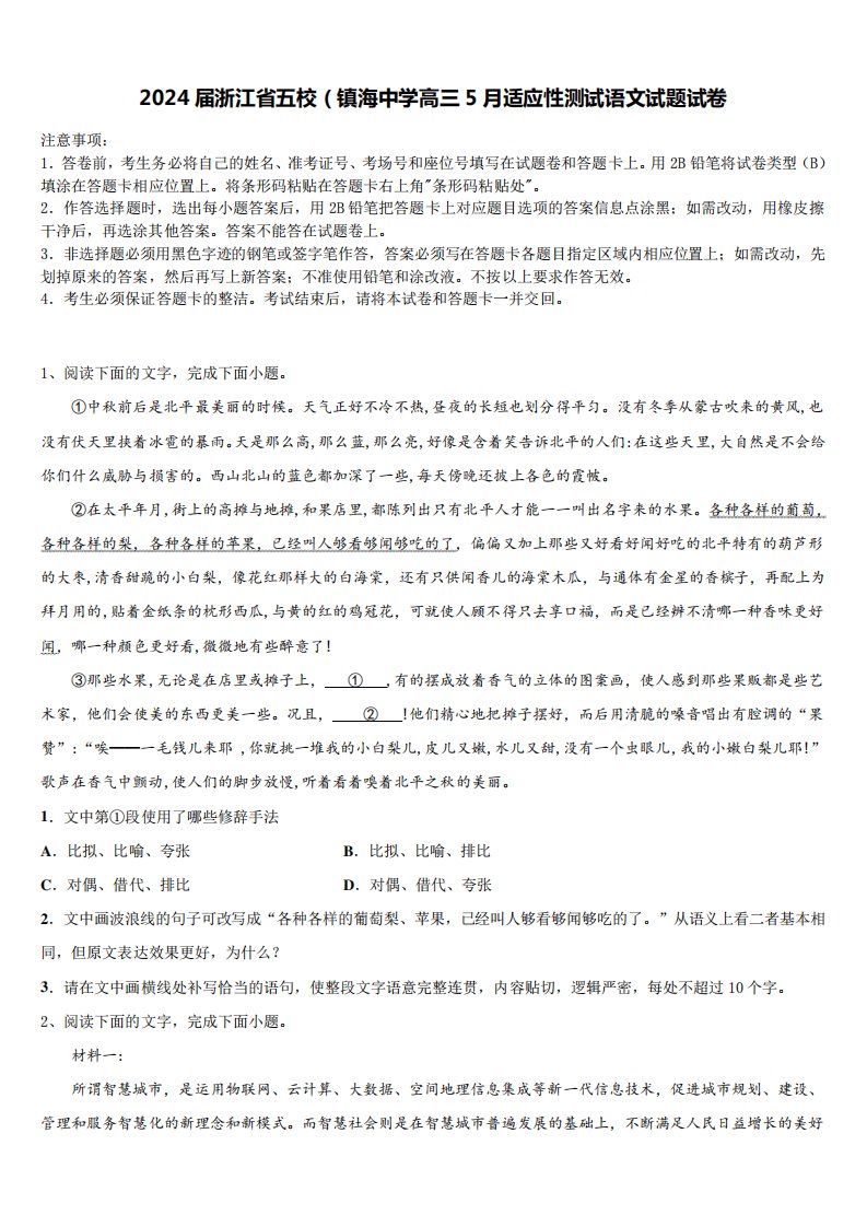 2024届浙江省五校(镇海中学高三5月适应性测试语文试题试卷含解析