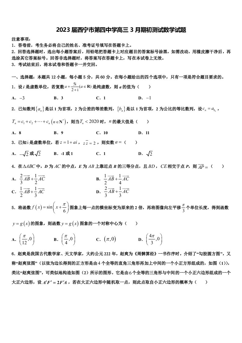 2023届西宁市第四中学高三3月期初测试数学试题