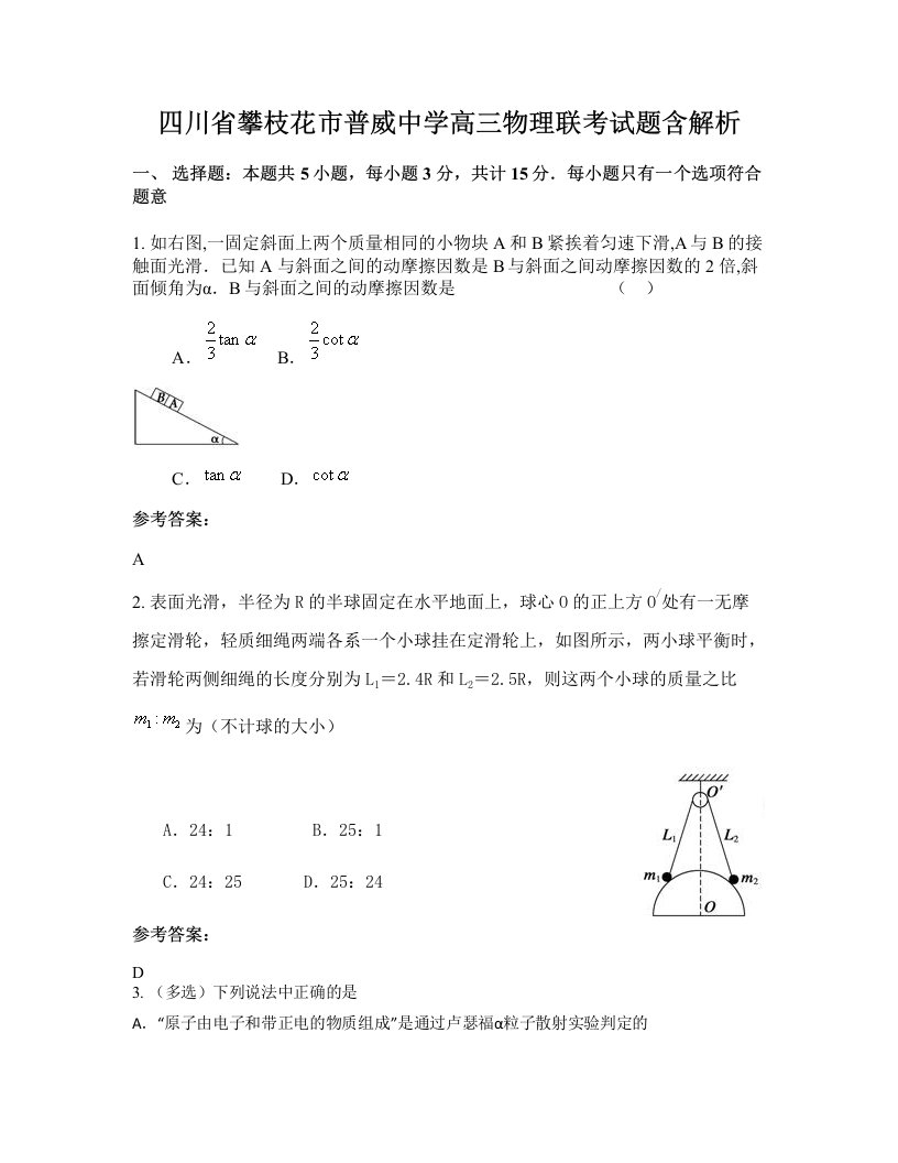 四川省攀枝花市普威中学高三物理联考试题含解析