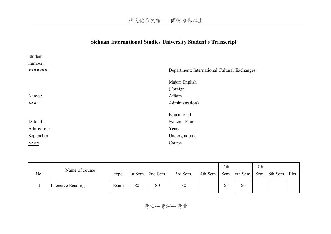 川外学生成绩单英语翻译(共5页)