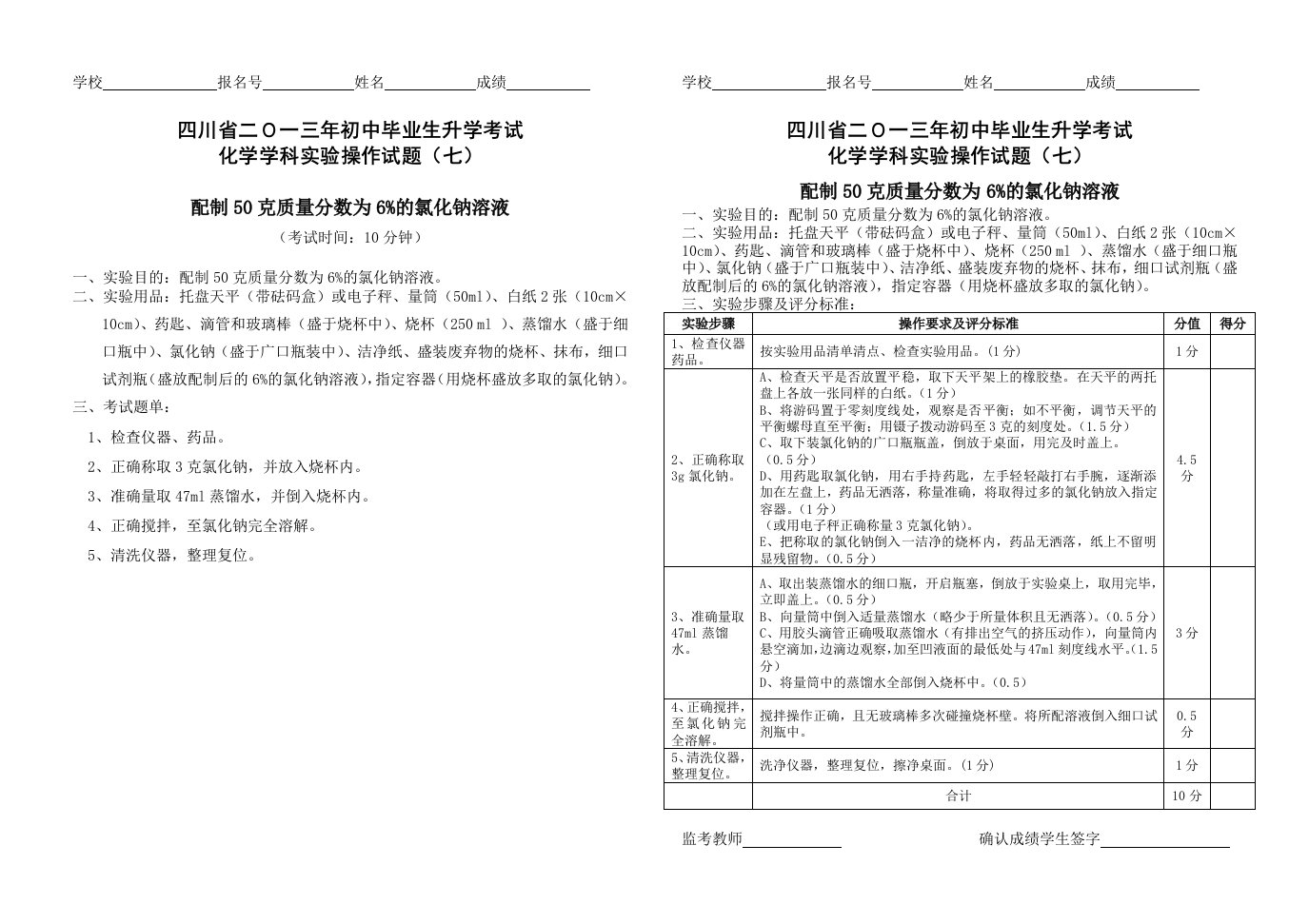 试题七：配制50克6%的氯化钠溶液