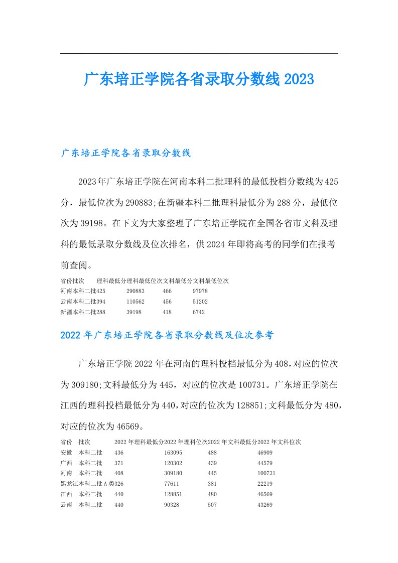 广东培正学院各省录取分数线