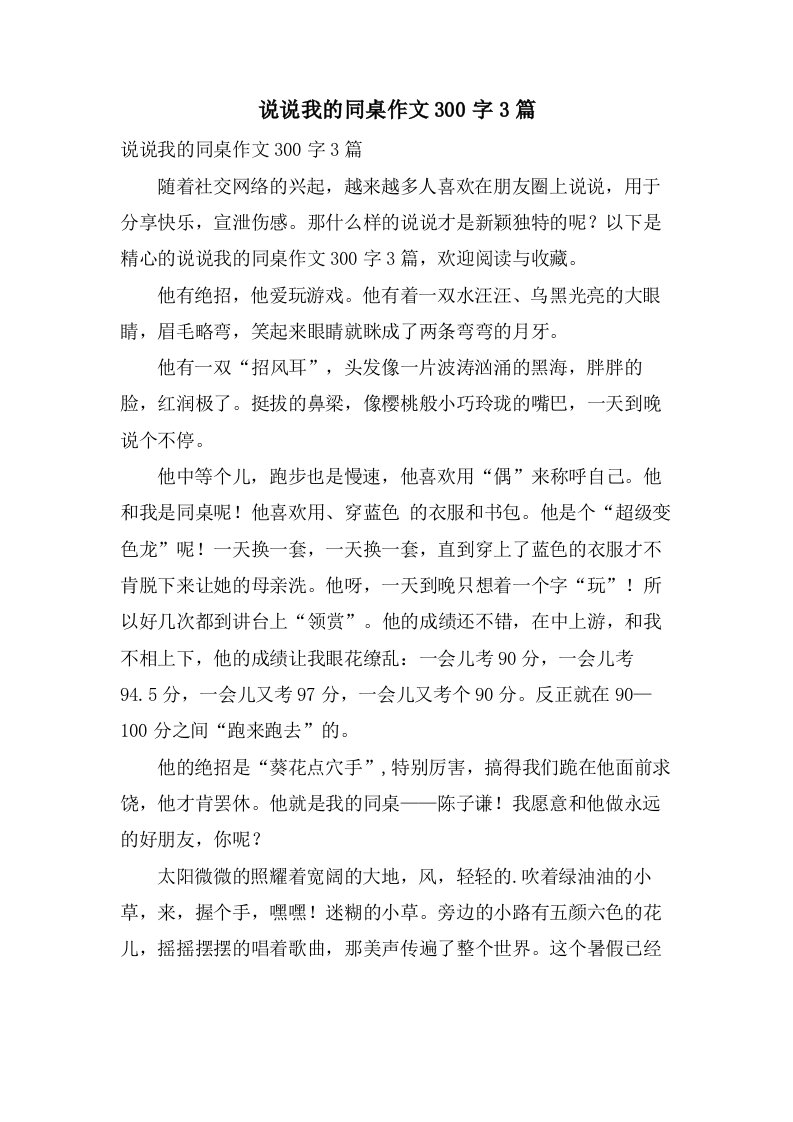 说说我的同桌作文300字3篇