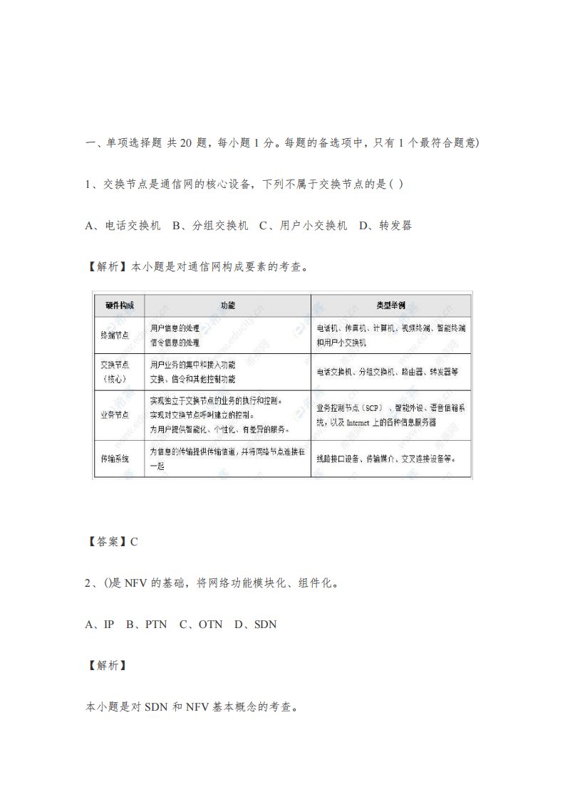 2020年一建《通信与广电工程》实务考试真题及答案解析