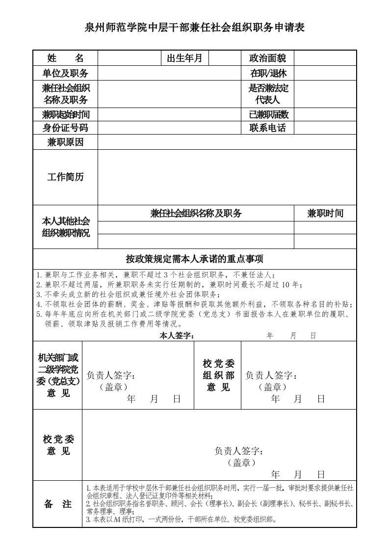 泉州师范学院中层干部兼任社会组织职务申请表