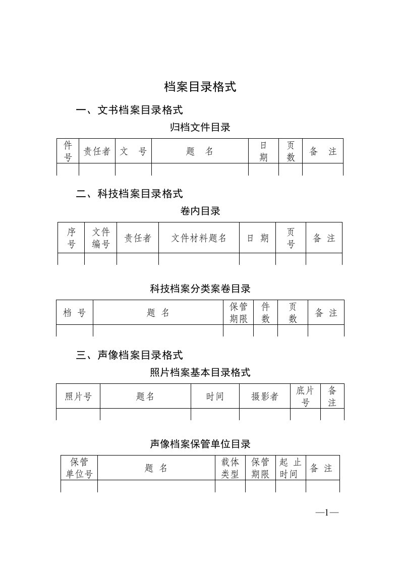 档案目录格式