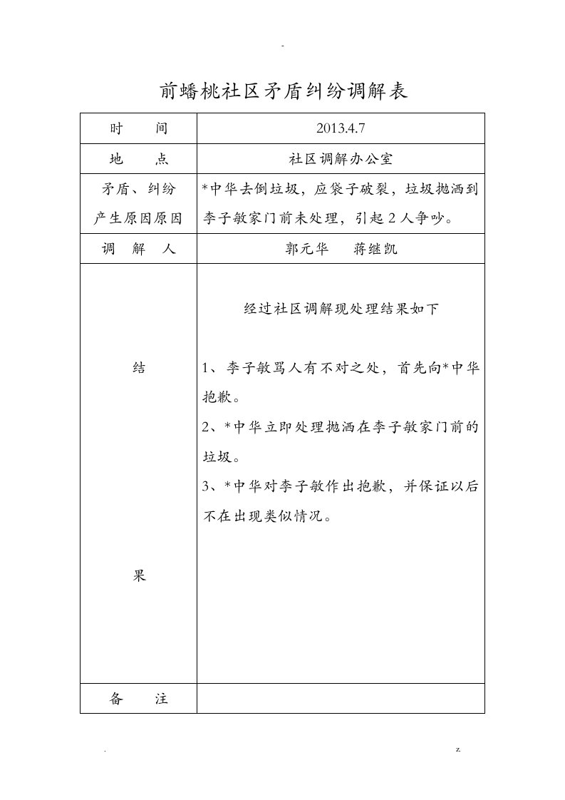 社区矛盾纠纷调解表