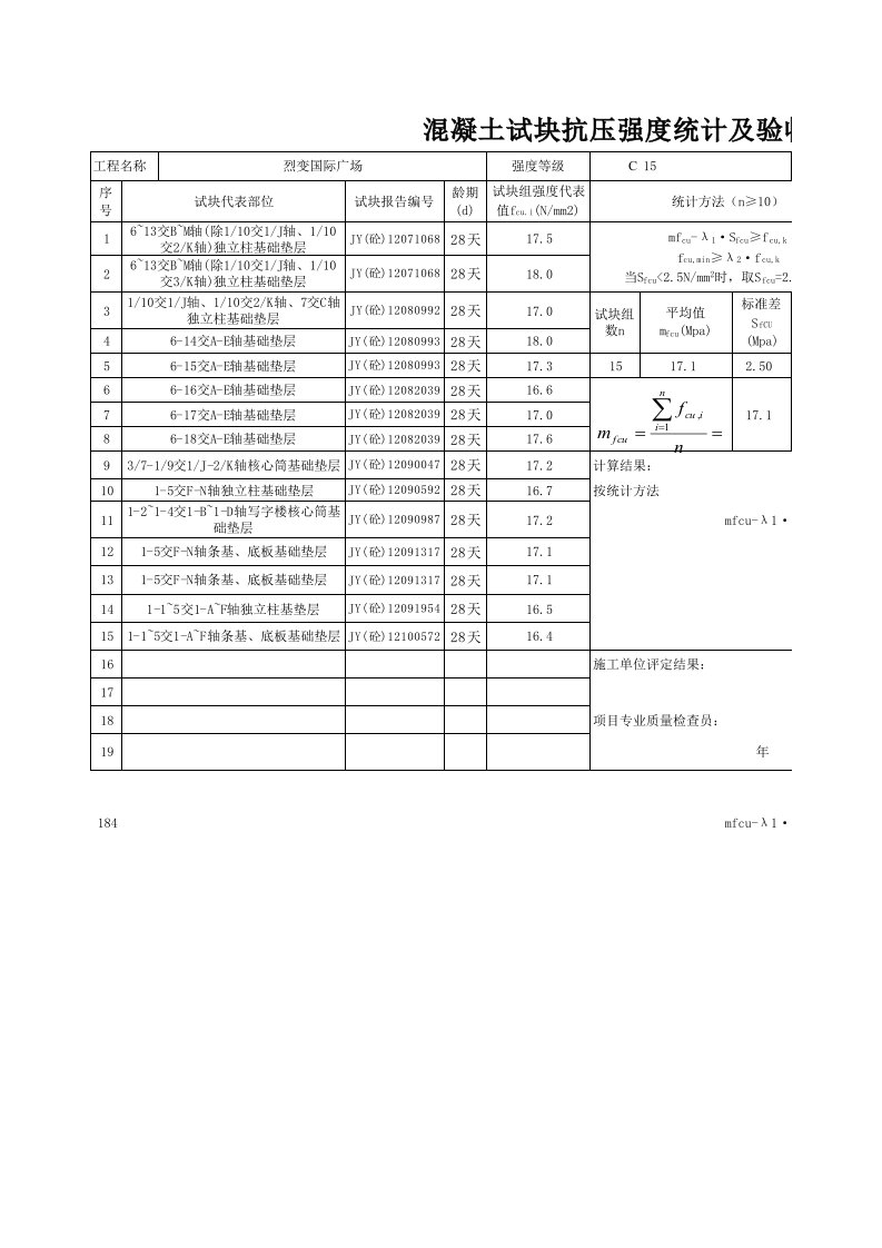 混凝土强度自动统计评定表(最新版)