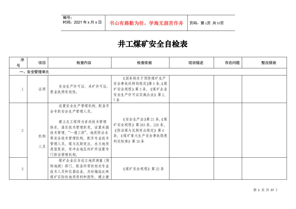 井工煤矿安全自检表