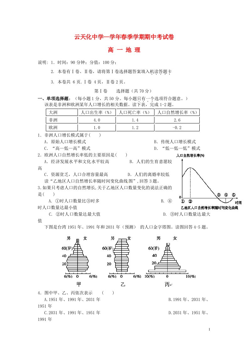 云南省云天化中学高一地理下学期期中试题