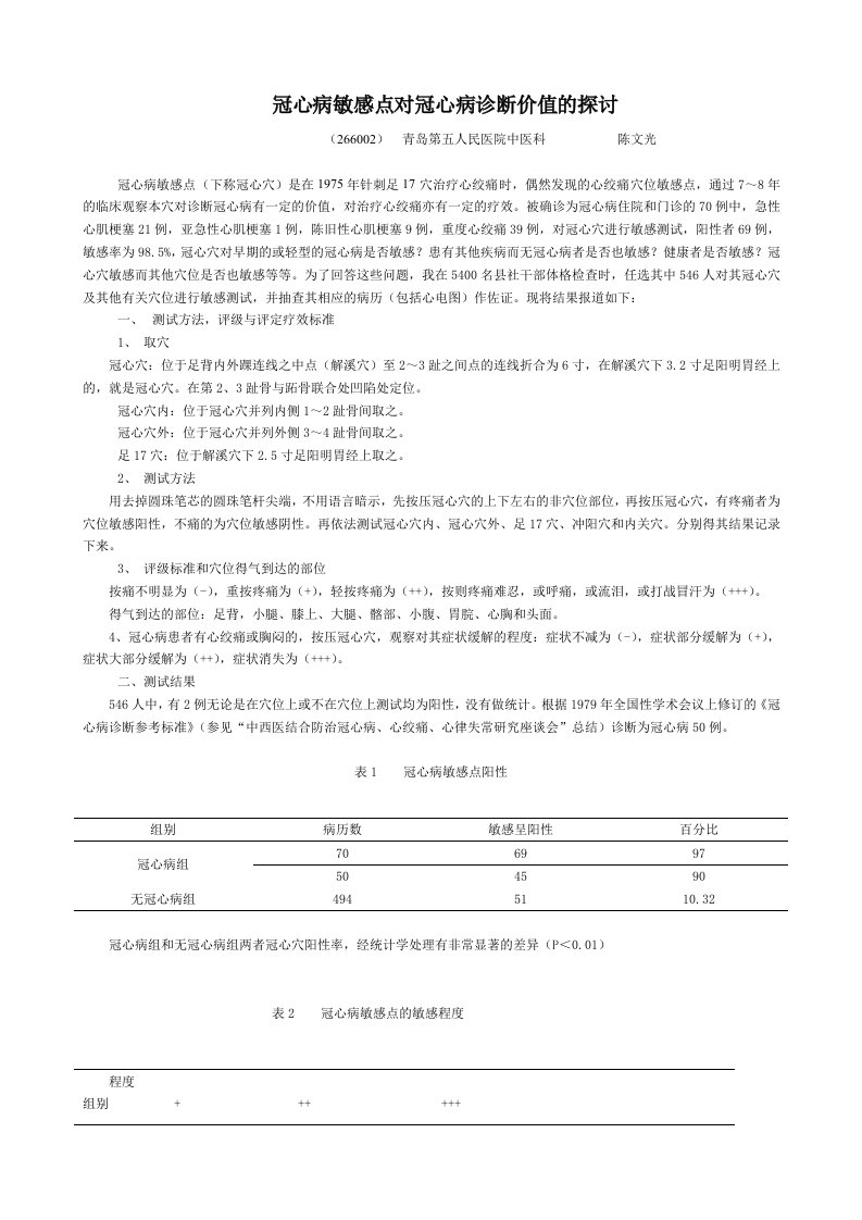 冠心病敏感点对冠心病诊断价值的探讨