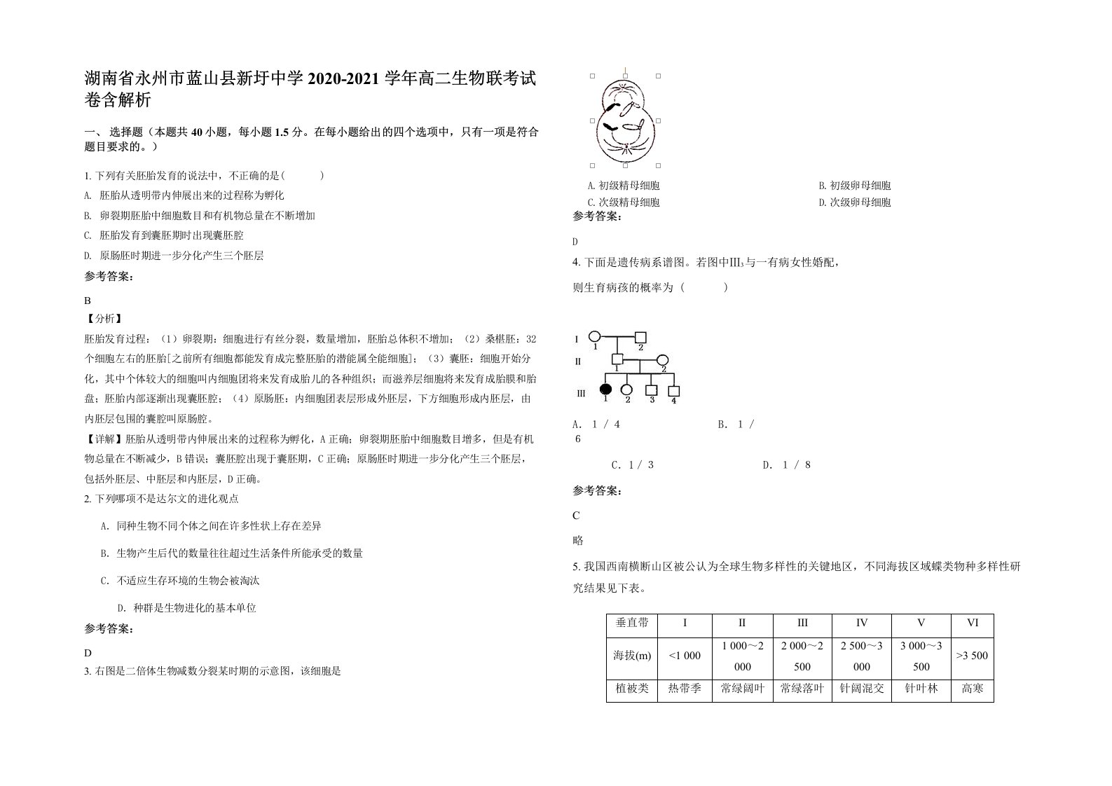 湖南省永州市蓝山县新圩中学2020-2021学年高二生物联考试卷含解析