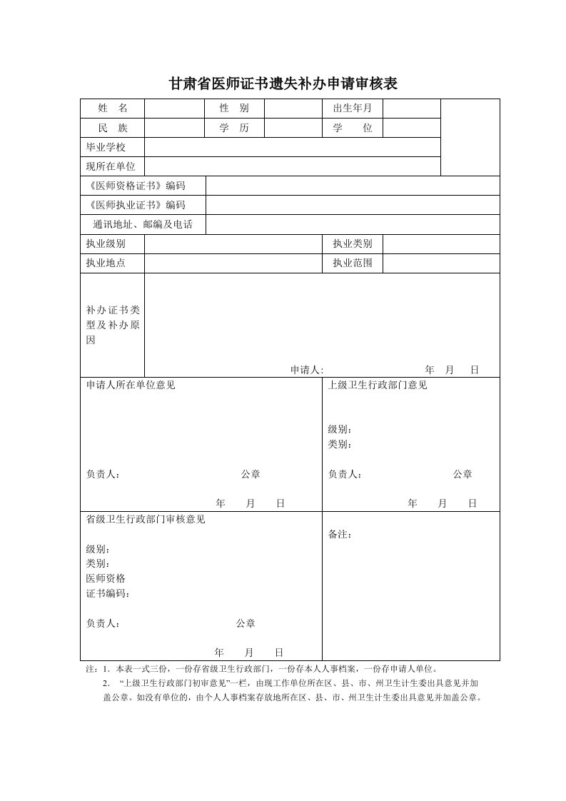 甘肃省医师证书遗失补办申请审核表