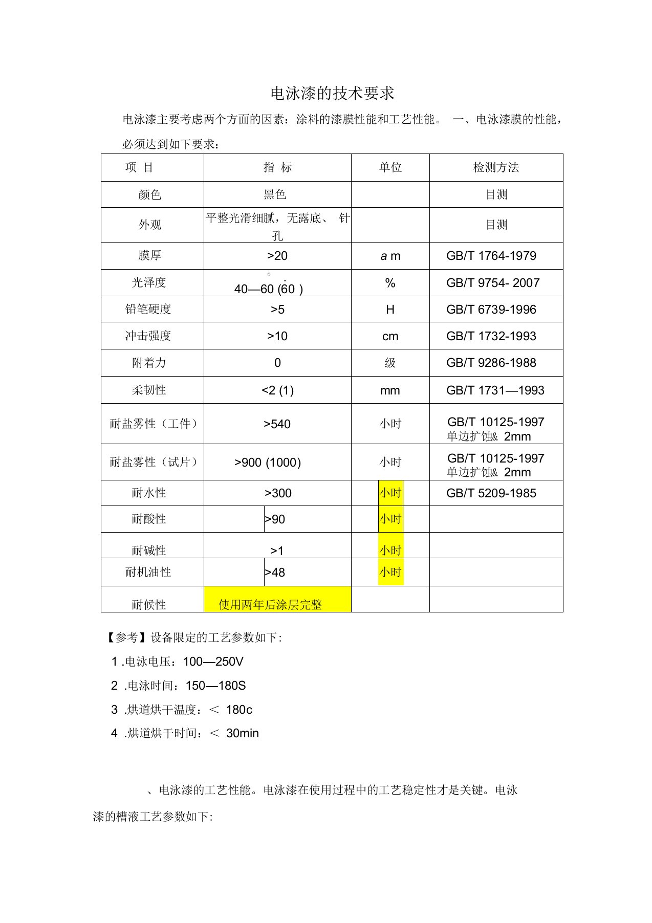 电泳漆技术标准